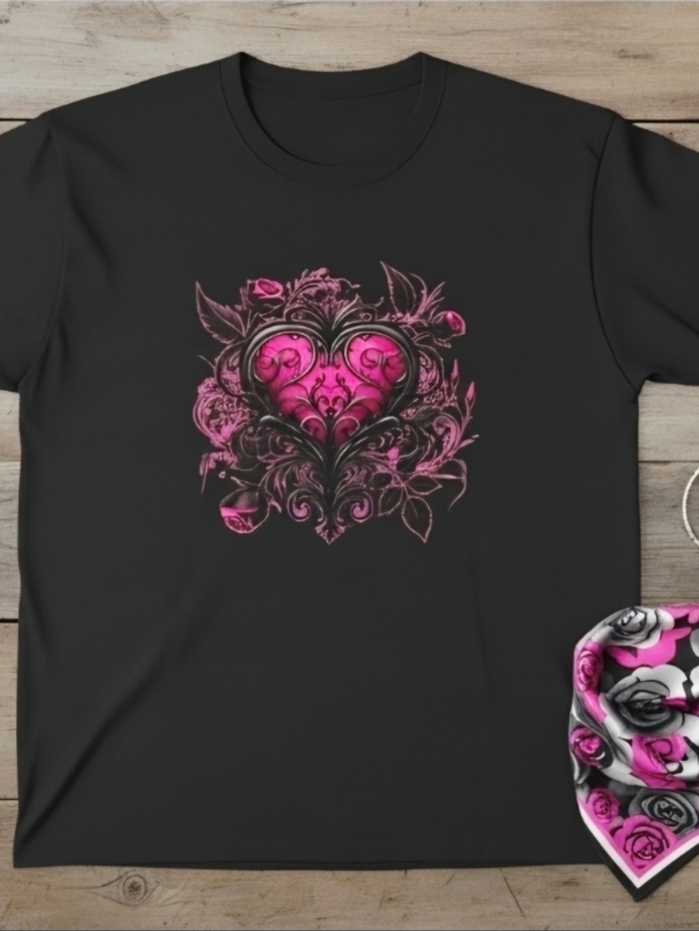 Ornate Pink Heart Graphic Tee | Baroque Vintage Heart Shirt | Girly Pink